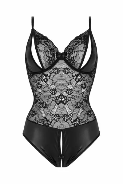 Christine Vesper Wetlook Bodysuit with Lace Accents, Black, S/M