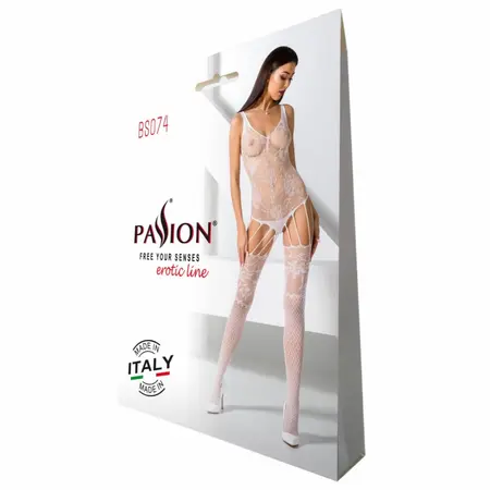 Passion BS074 Seamless Lace Catsuit White - Elegant Mesh Bodysuit One Size