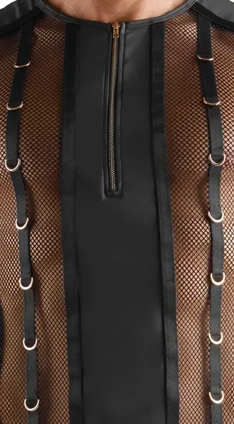 Svenjoyment Men's Mesh & Wetlook Shirt 2XL, Gold Zip & Rings Detail