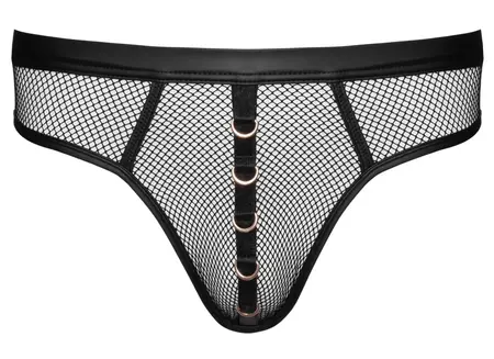 Svenjoyment Thong Net XL - Black Mesh with Wetlook Accents, Gold Rings