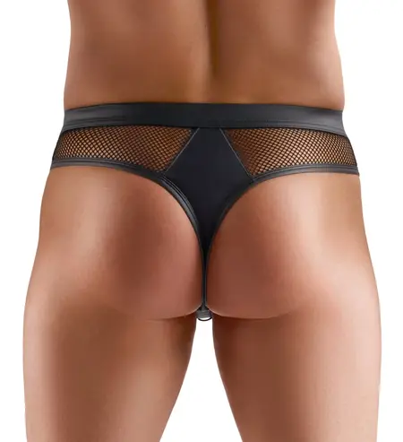 Svenjoyment Net Thong L - Black Mesh with Gold Ring Accents