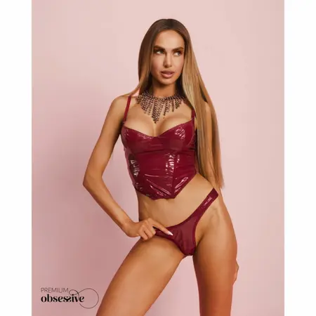 Obsessive Redya Corset Set Red - Glossy Finish, Adjustable Fit, Size S/M