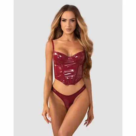 Obsessive Redya Corset Set Red - Glossy Finish, Adjustable Fit, Size S/M