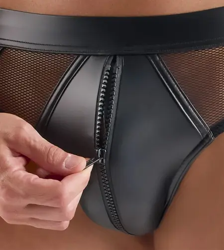 Svenjoyment Wetlook Briefs S Black with Net Panels and Front Zip