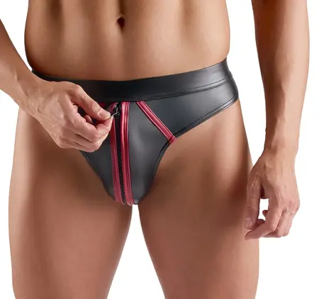 Svenjoyment Thong 3XL Black Wetlook with Red Stripes, Front Zip