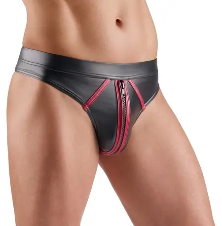 Svenjoyment Thong 3XL Black Wetlook with Red Stripes, Front Zip