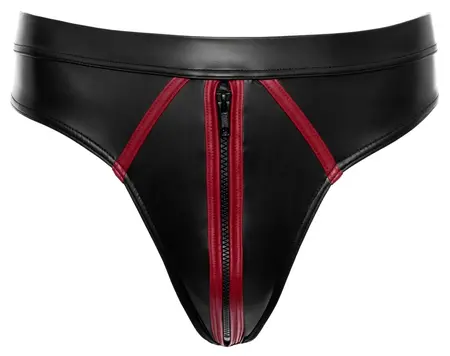 Svenjoyment Wetlook Thong L Black-Red | Stretch Comfort Zip Front