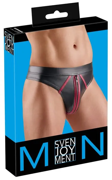Svenjoyment M Thong S Black Wetlook Red Stripes Stretch Zip Front