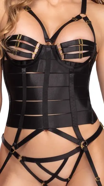 Cottelli Lingerie Strappy Black Corset Set 80B/M with Gold Accents