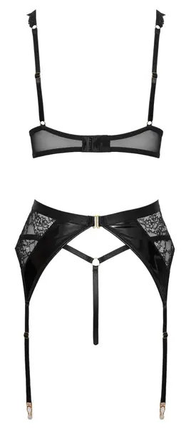 Cottelli LINGERIE 3-Piece Lace & Vinyl Suspender Set 80B/M Black Gold Accents