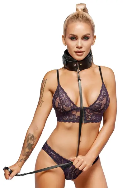 ZADO Leather Collar and Leash Set Wide Adjustable Black 97cm