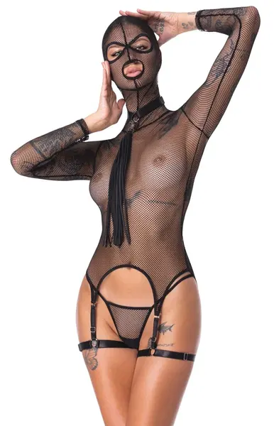 Bad Kitty Net Basque Set with Adjustable Choker & Flogger 2XL Black