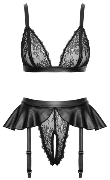 Cottelli Lingerie Set XL - Lace & Matte Look, Wireless Bra, Suspender Briefs