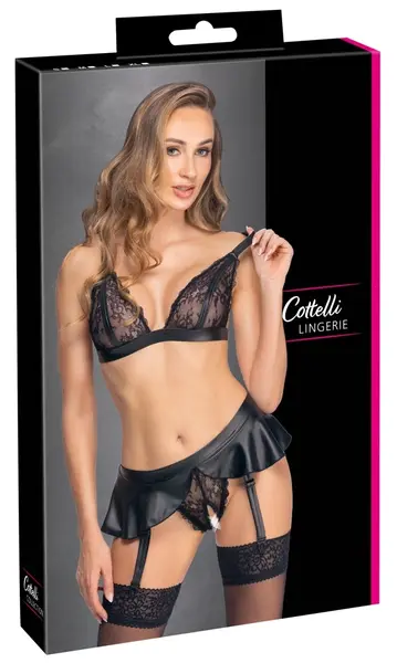 Cottelli Lingerie Bra & Suspender Set L, Black Lace, Adjustable Fit