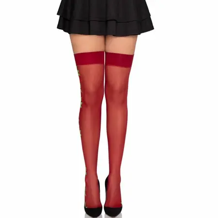 Leg Avenue 1957 Sheer Garter Belt Stockings with Embroidered Red Flowers One Size