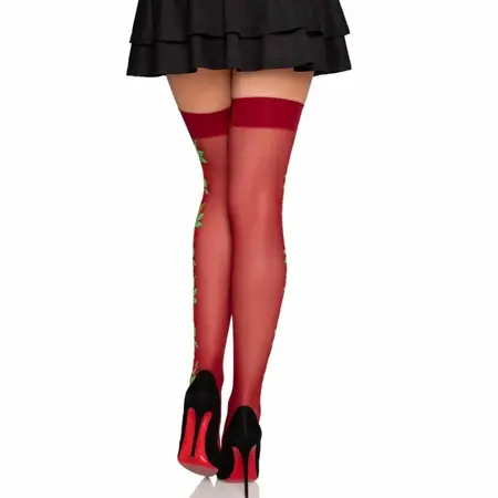 Leg Avenue 1957 Sheer Garter Belt Stockings with Embroidered Red Flowers One Size