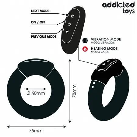 Addicted Toys Heating Effect Vibrating Silicone Ring with Remote, Black