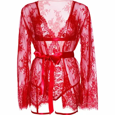 Leg Avenue 86123 Lace Teddy & Sheer Robe Set Red Size S