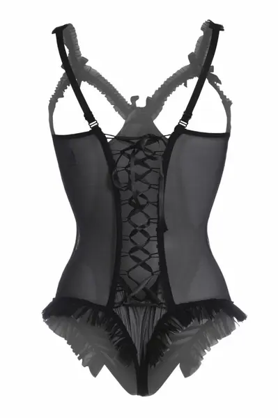 Mistique Wetlook Bodysuit with Mesh Sides and Satin Lacing by Mistique, Black, Open Design L/XL