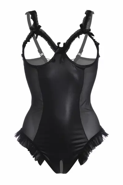 Mistique Wetlook Bodysuit with Mesh Sides and Satin Lacing by Mistique, Black, Open Design L/XL
