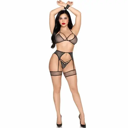 Leg Avenue 89362 Mesh Top, Thong, Garter Belt & Cuffs Set Black One Size