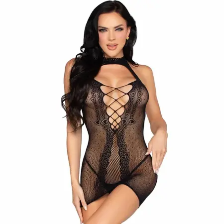 Leg Avenue 81675 Halter Mesh Mini Dress Black - Polka Dot, One Size