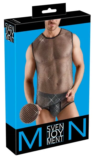Мъжка мрежеста блуза без ръкави с декоративни камъчета, черна, M