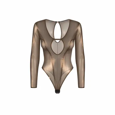 Obsessive Soranna Brown Sheer Long-Sleeved Bodysuit, Open Detail 2XL/3XL
