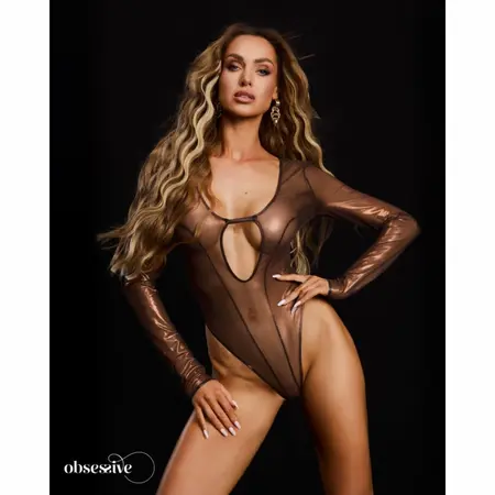 Obsessive Soranna Brown Bodysuit with Long Sleeves and Open Design S/M