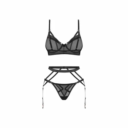 Obsessive Euridia 3-Piece Lingerie Set Black - Underwired Bra, Garter Belt, Thong XL/2XL