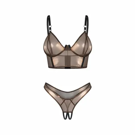 Obsessive Soranna Brown Mesh Set - Top with Underwire & Open Thong S/M