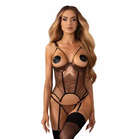 Soranna мрежест комплект корсет с жартиери, кафяв, регулируем, 2XL/3XL