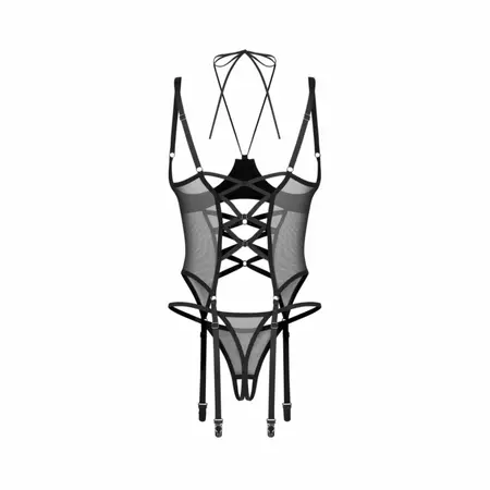 Obsessive Dominna Black Wetlook Corset Set with Adjustable Garter Straps 2XL/3XL