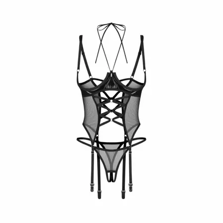 Obsessive Dominna Black Wetlook Corset Set with Adjustable Garter Straps 2XL/3XL