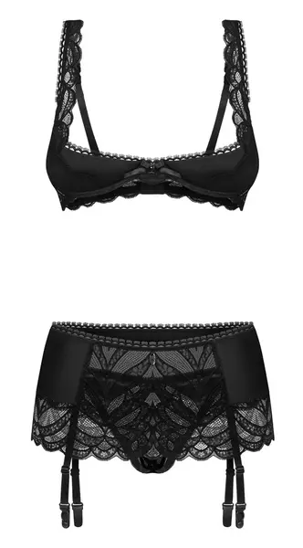 Obsessive Lecille Black L/XL - 3-Piece Lace Lingerie Set with Shelf Bra