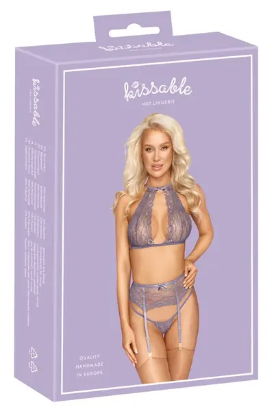 Kissable Lingerie Set L/XL - Lavender Lace, Adjustable Suspender Belt