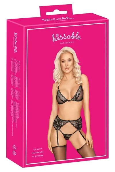 Kissable Lingerie Set L/XL - Lace Bra, Suspender Belt & String, Black