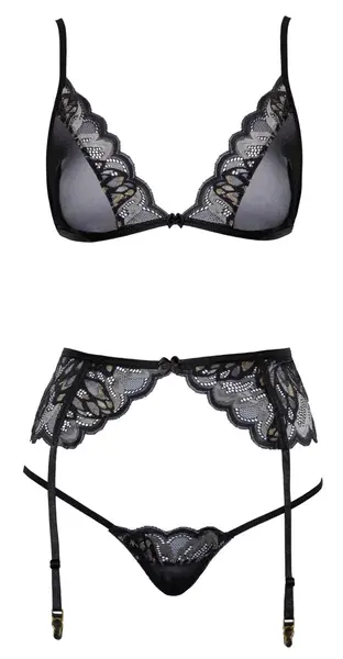 Kissable Lingerie Set L/XL - Lace Bra, Suspender Belt & String, Black
