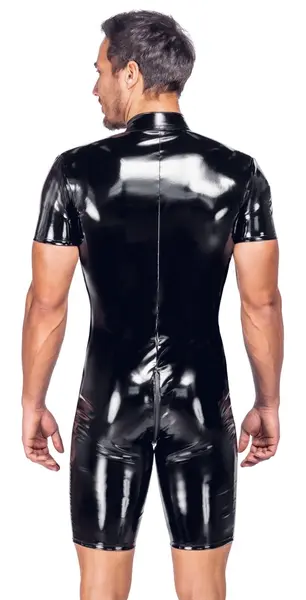 Black Level Men's Vinyl Short Playsuit 3XL - Shiny Club Style, 3-Way Zip