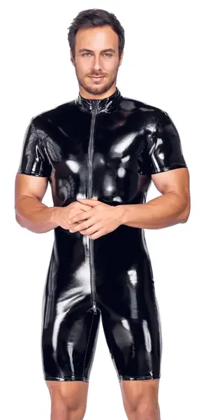 Black Level Men's Short Vinyl Playsuit, Shiny Black, Size S