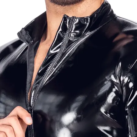 Black Level Men's Short Vinyl Playsuit, Shiny Black, Size S