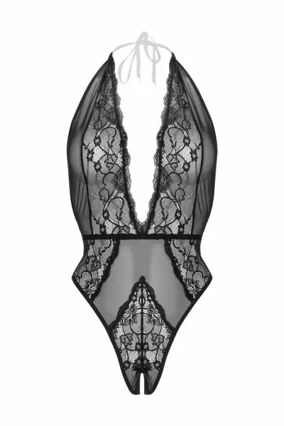 Christine  Dina Lace Bodysuit by Body - Halter Neck, Elegant Mesh & Bow Detail L/XL