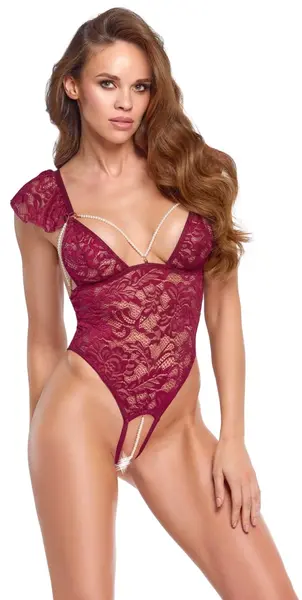 Cottelli Lingerie Body M Bordeaux Red Lace with Removable Pearls