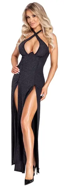 Cottelli PARTY Long Shimmer Dress XL, Black, Elegant High-Slit Design