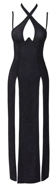 Cottelli PARTY Long Black Dress with Glitter, Size L, Double Front Slits