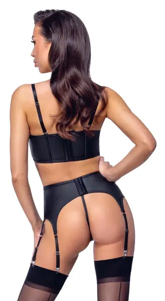 Cottelli PARTY Matte Black Rhinestone Zip Corset Set with Suspenders M