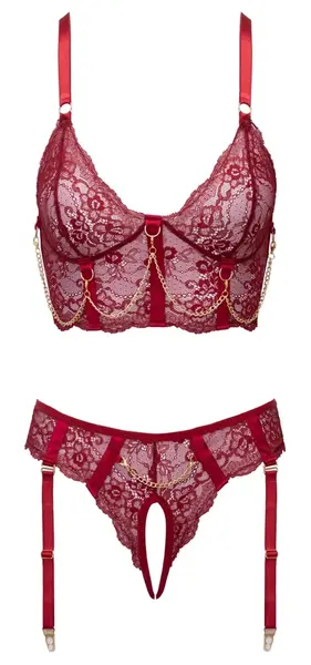 Cottelli LINGERIE Bra Set with Chains M - Dark Red Lace & Gold Details
