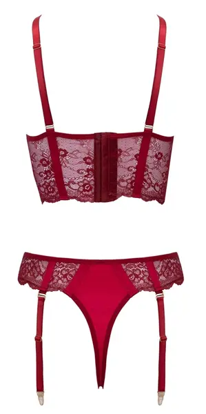 Cottelli LINGERIE Bra Set with Chains M - Dark Red Lace & Gold Details