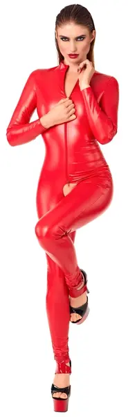Noir Handmade Red Powerwetlook Jumpsuit S - Crotchless, Long Sleeve
