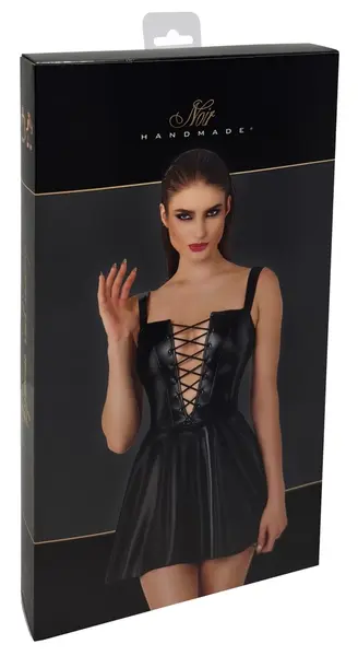 Noir Handmade Powerwetlook Mini Dress with Adjustable Front Lacing M